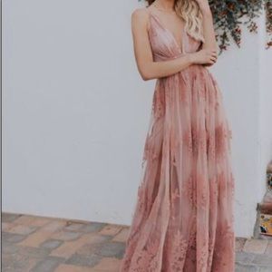 COPY - Luxxel pink tulle with velvet floral maxi dress